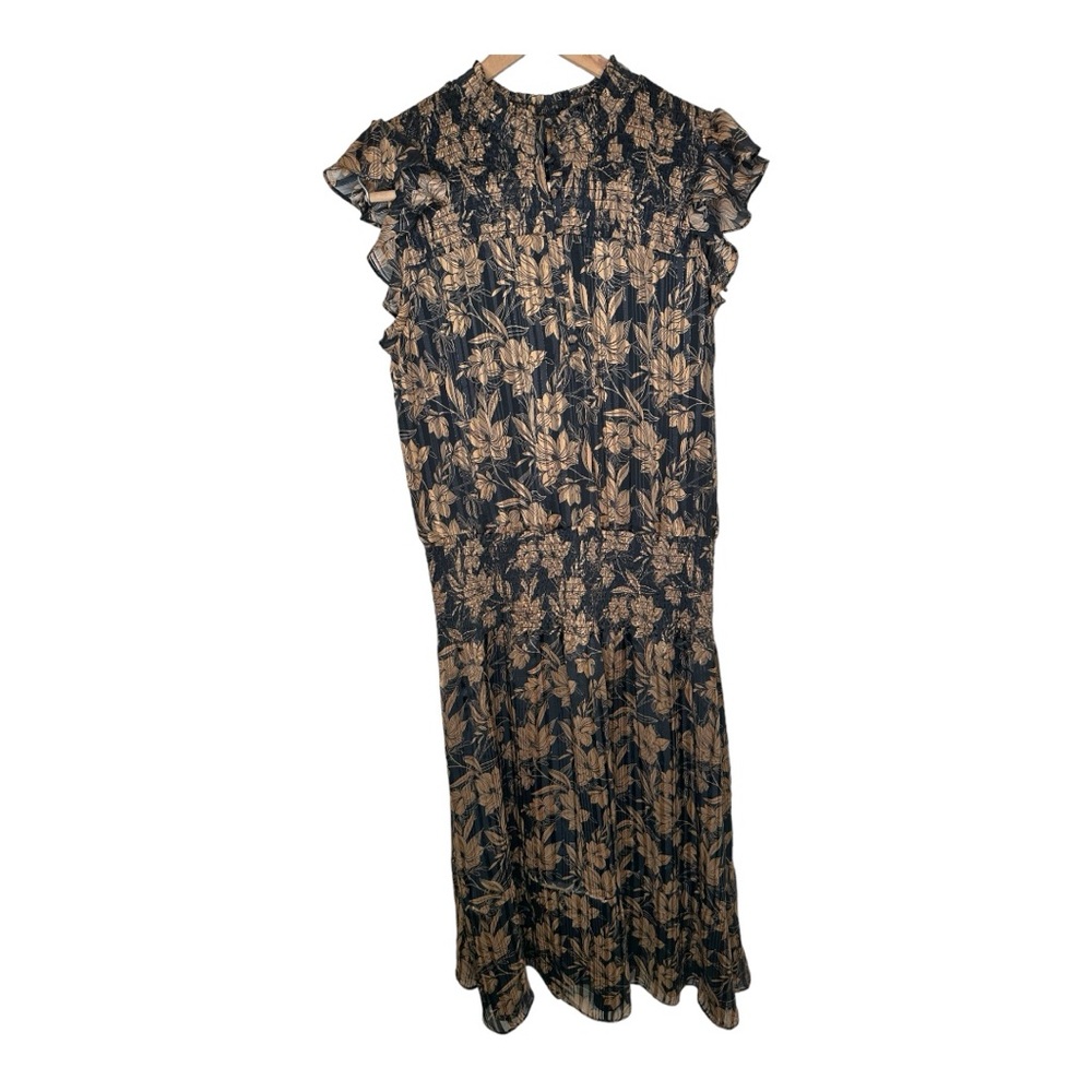 White House Black Market Smocked Waist Midi Dress Floral Metallic Medium New